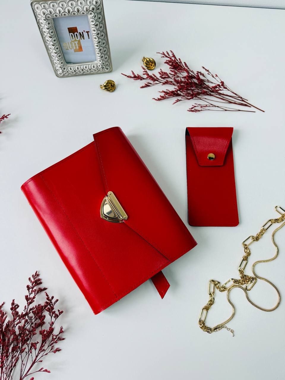 Red & Black Genuine Leather Gift Set. Red and black leather notebook cover A5 with leather pencil case- perfect gift 2026.