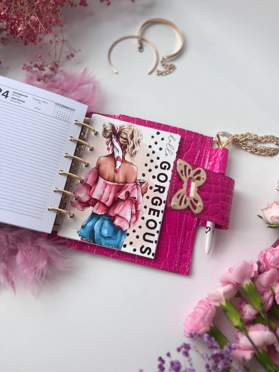 Leather wallet notebook cover mini A7 dated week 2026 big 6 rings binder.