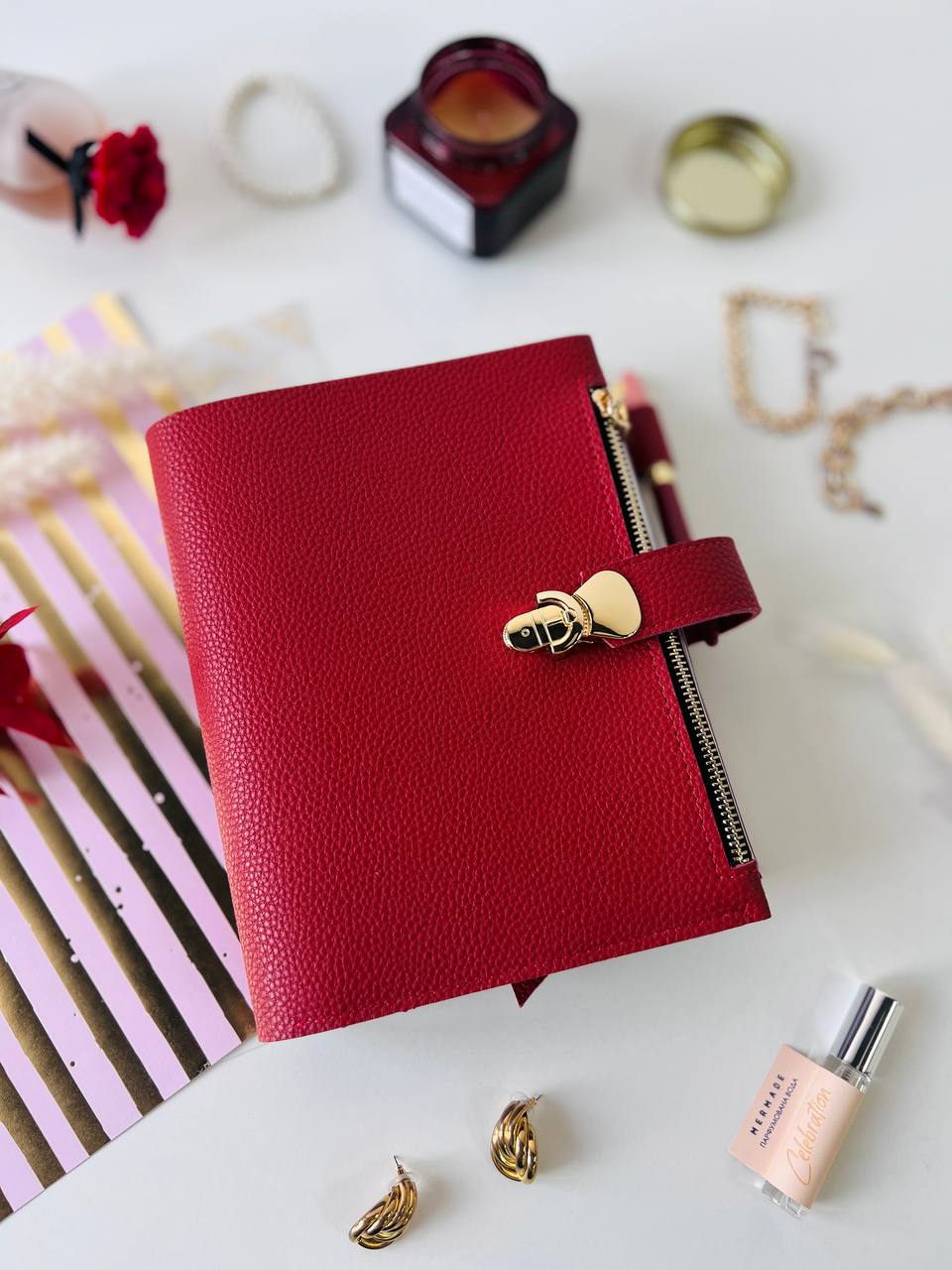 Cyprus, Limassol. Red leather notebook cover A5 for documents A4 and A5 format.