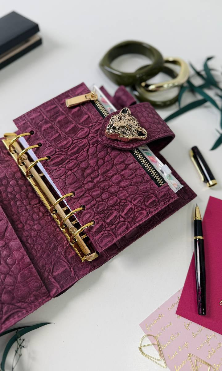 Luxurious A6 Genuine Leather Planner Binder – Crocodile Embossed Burgundy with Gold Leopard Clasp