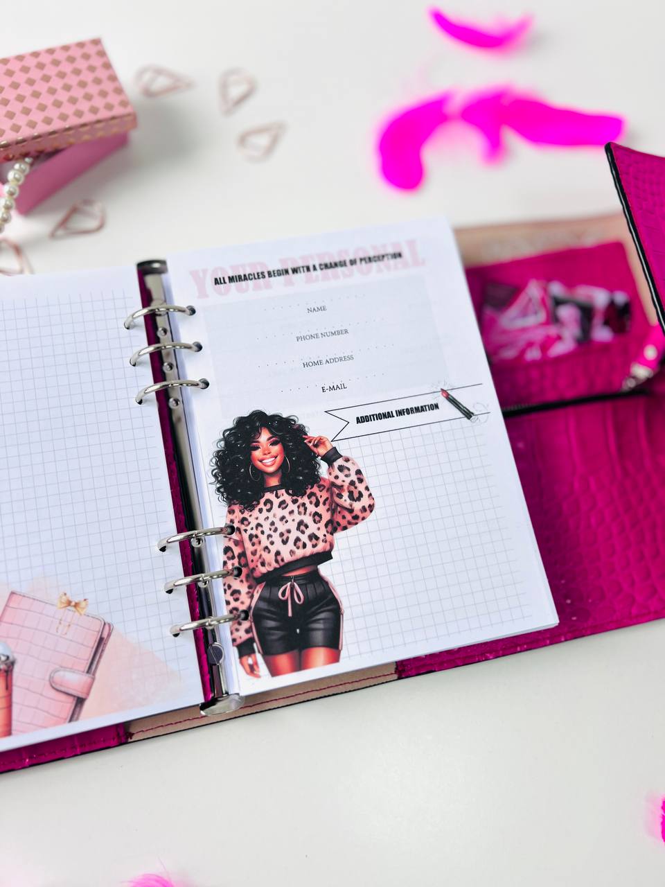 Hot pink Natural Italian Leather Planner A5, gift for her, perfect planner, Ring Planner Agenda A5 Six Ring Planner and Ring Personal Planner.