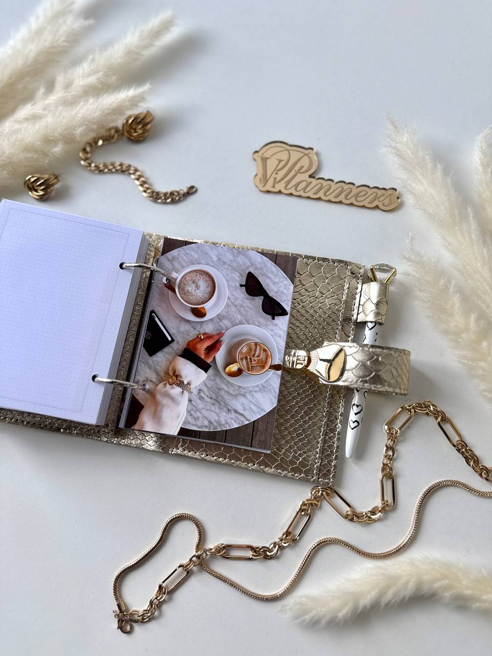 Gold Leather mini notebook cover A7 binder,Planner A7 binder personal size, leather planner, planner binder2 rings, time diary for work.