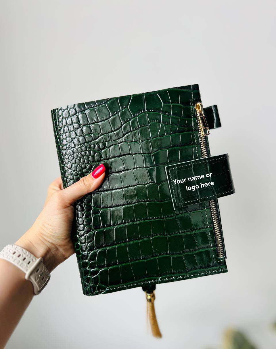 Personalized DATED 2026 horizontal week leather planner big binder A5- cover for documents A4 and A5 format.