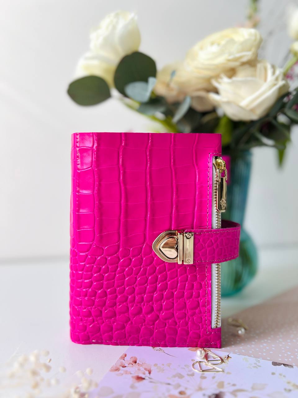 English language A6 NEW SIZE leather hot pink double planner cover binder 6 rings binder, leather planner, gift for her, medium size planner.