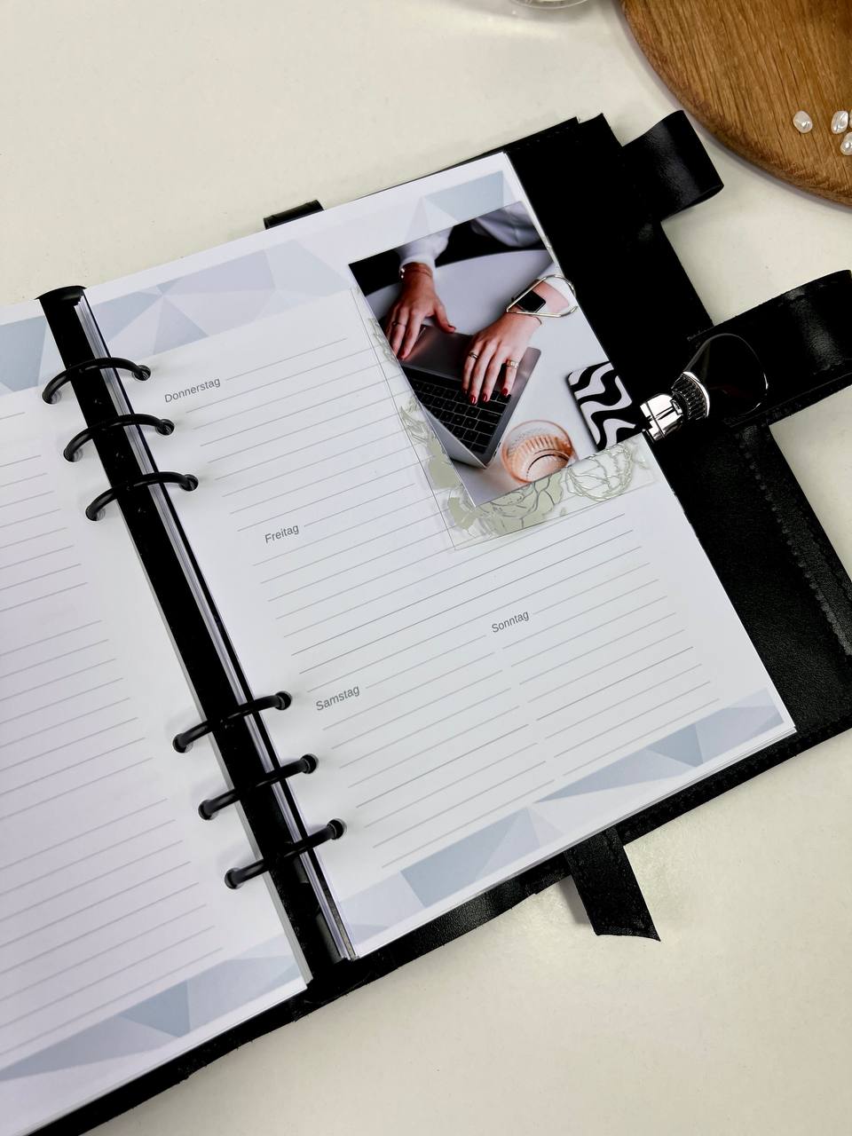Black Natural Leather Planner A5 binder 6 rings, black classic leather notebook cover with binder 6 rings for documents format A4 and A5.