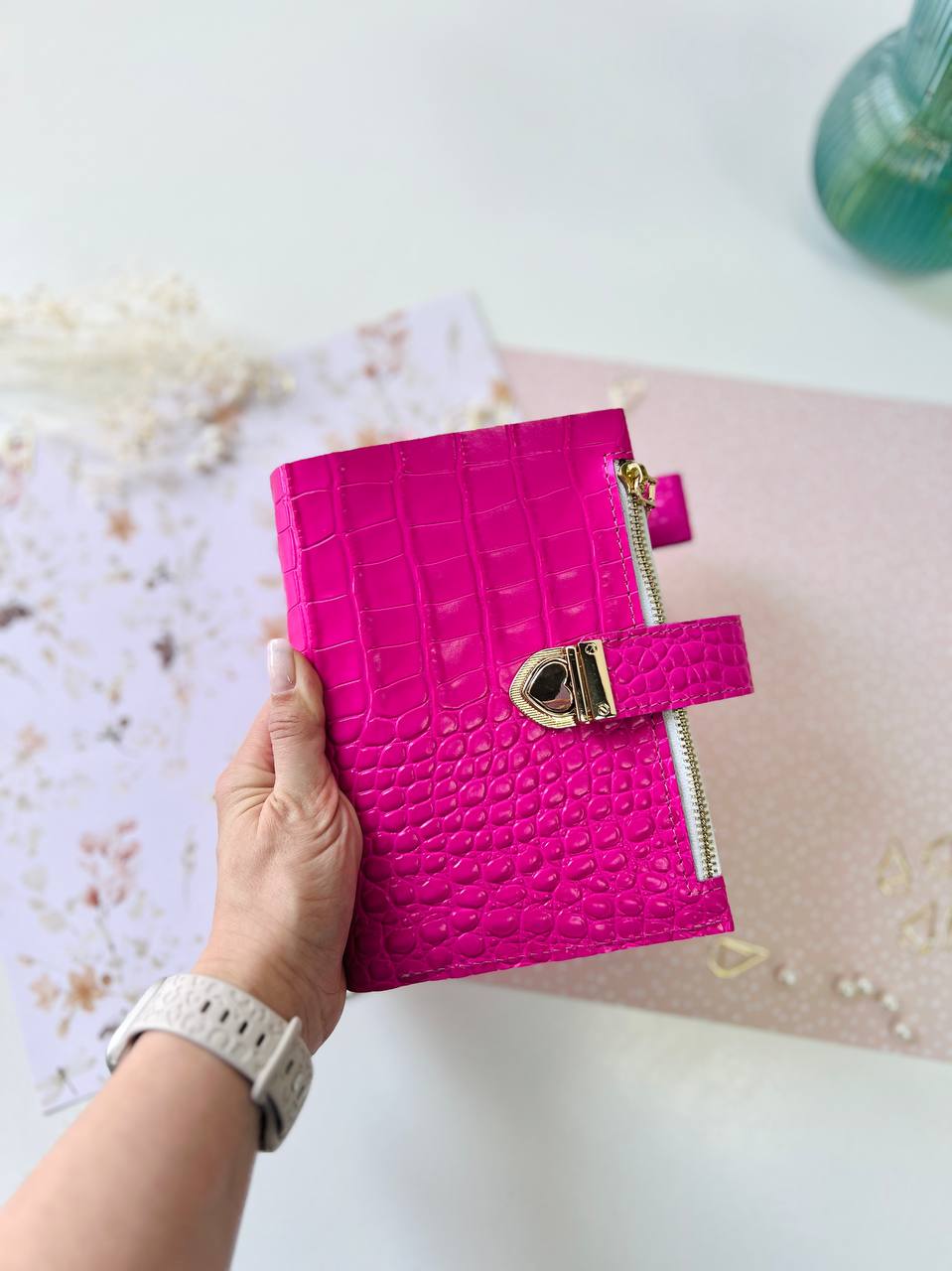 English language A6 NEW SIZE leather hot pink double planner cover binder 6 rings binder, leather planner, gift for her, medium size planner.