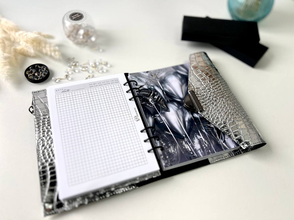 Rare silver leather like a mirror. Perfect leather planner A5.