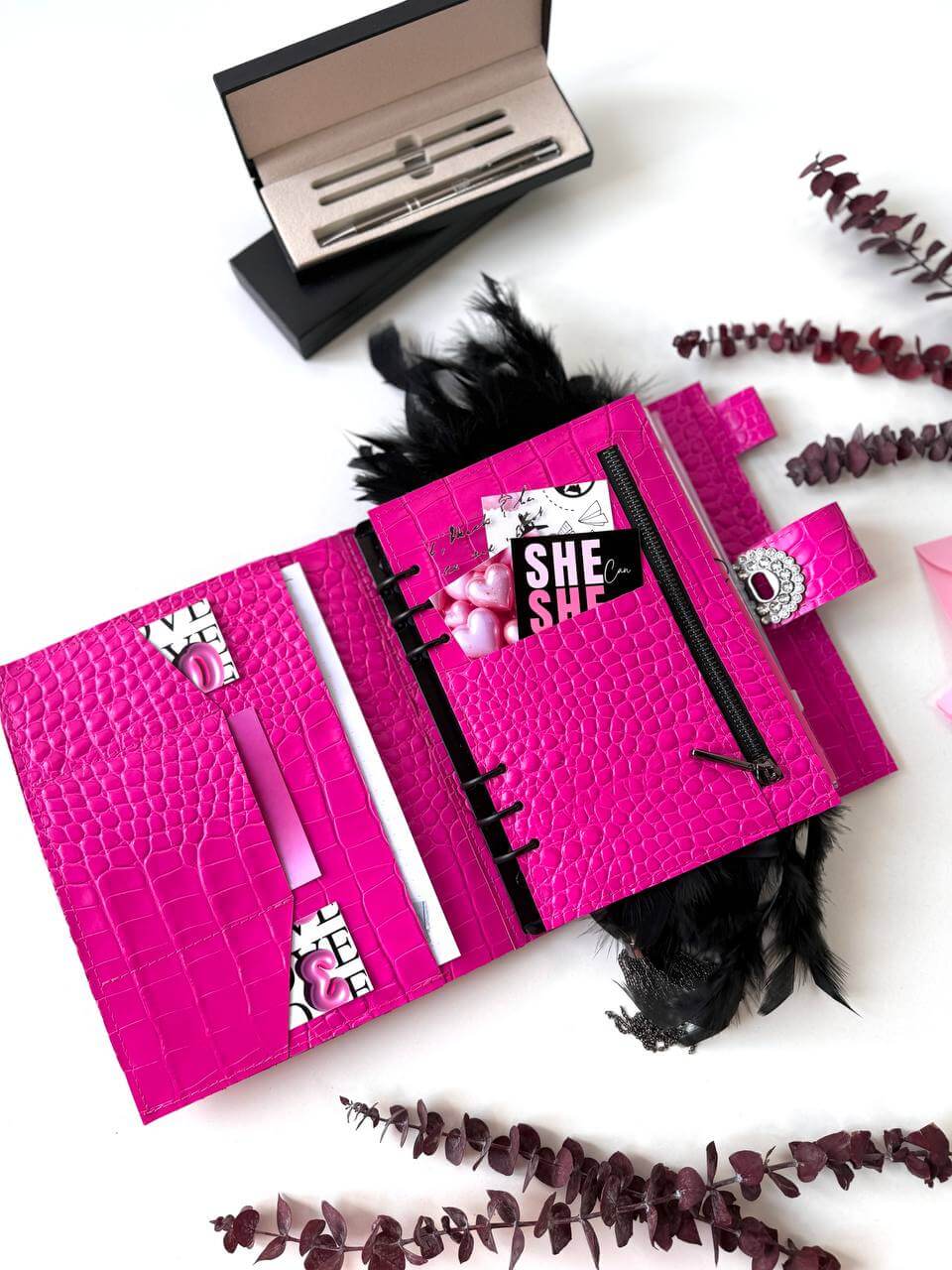 Hot pink leather planner A5 with black furniture and gifts 🎁