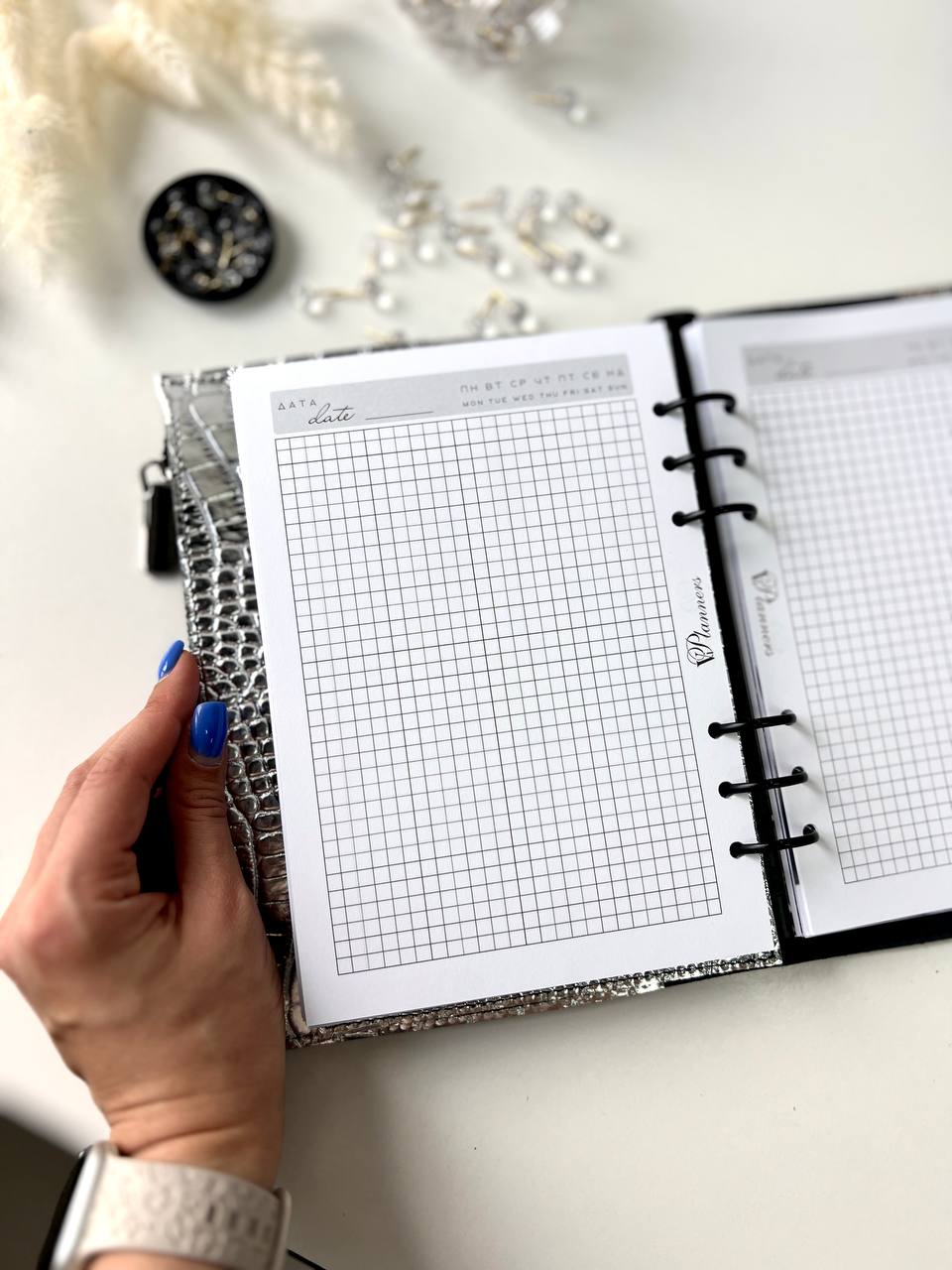 Rare silver leather like a mirror. Perfect leather planner A5.