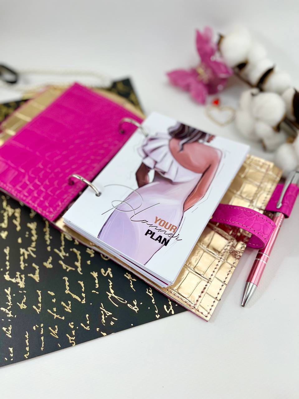 Hot pink with gold leather notebook cover A7 mini wallet organizer.