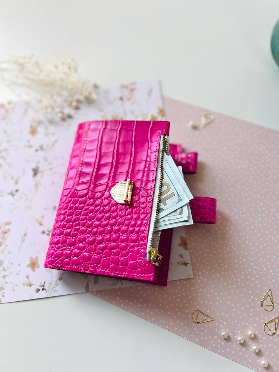 English language A6 NEW SIZE leather hot pink double planner cover binder 6 rings binder, leather planner, gift for her, medium size planner.