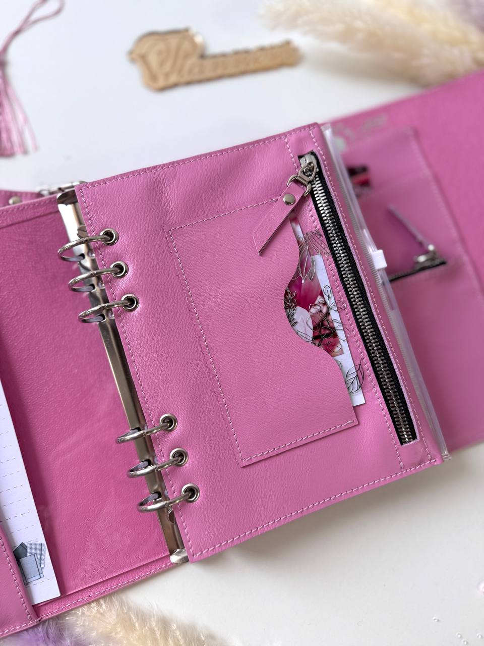 Pink Natural Italian Leather Planner A5, gift for her, perfect planner, Ring Planner Agenda A5 Six Ring Planner and Ring Personal Planner.