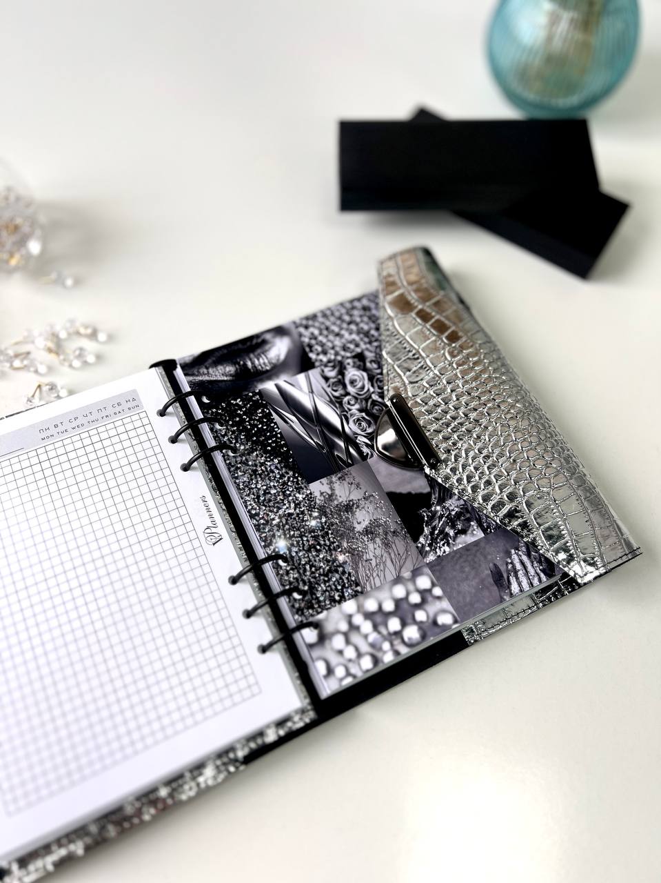 Rare silver leather like a mirror. Perfect leather planner A5.