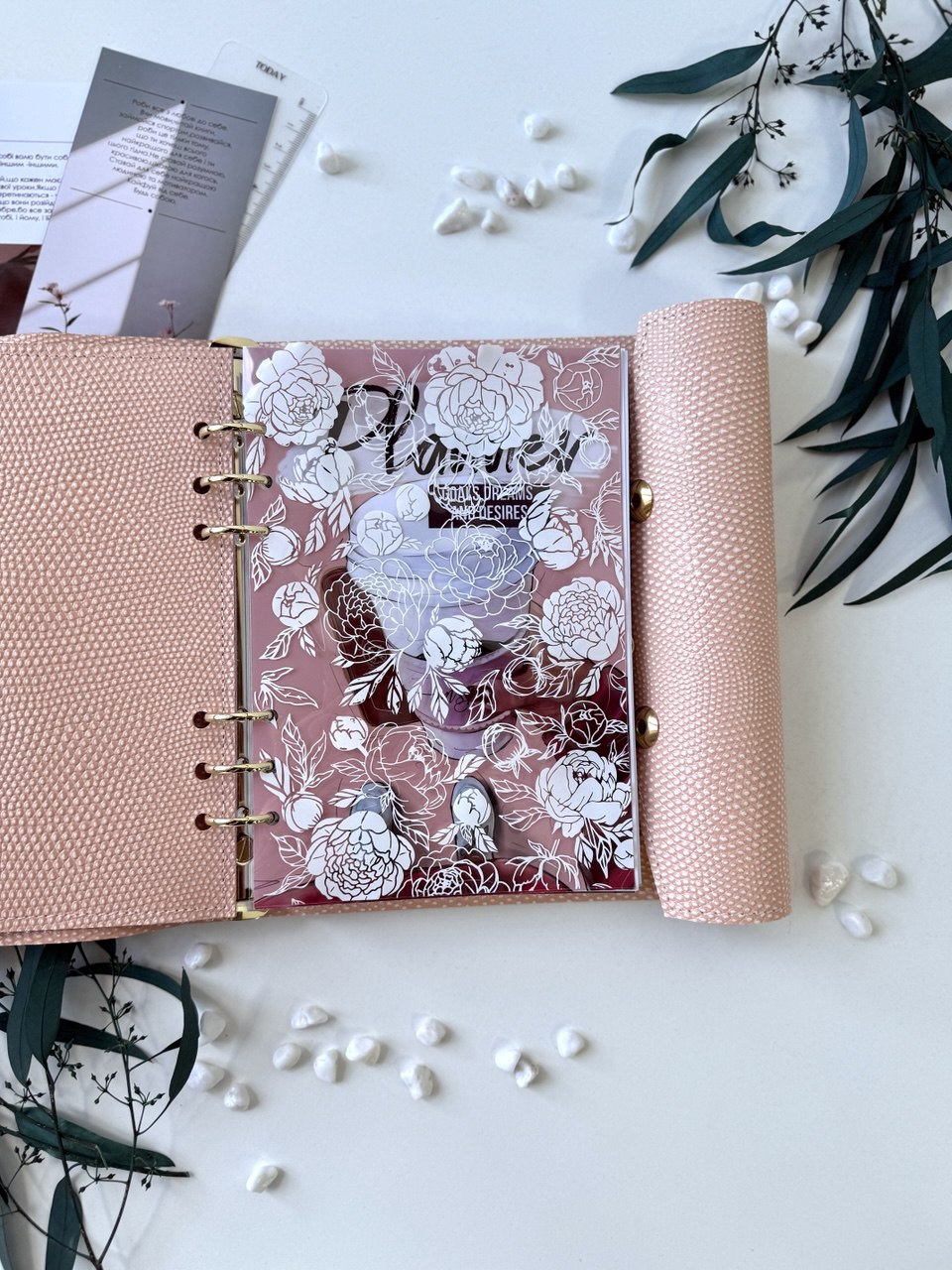 Peach leather notebook cover A5 with big binder.