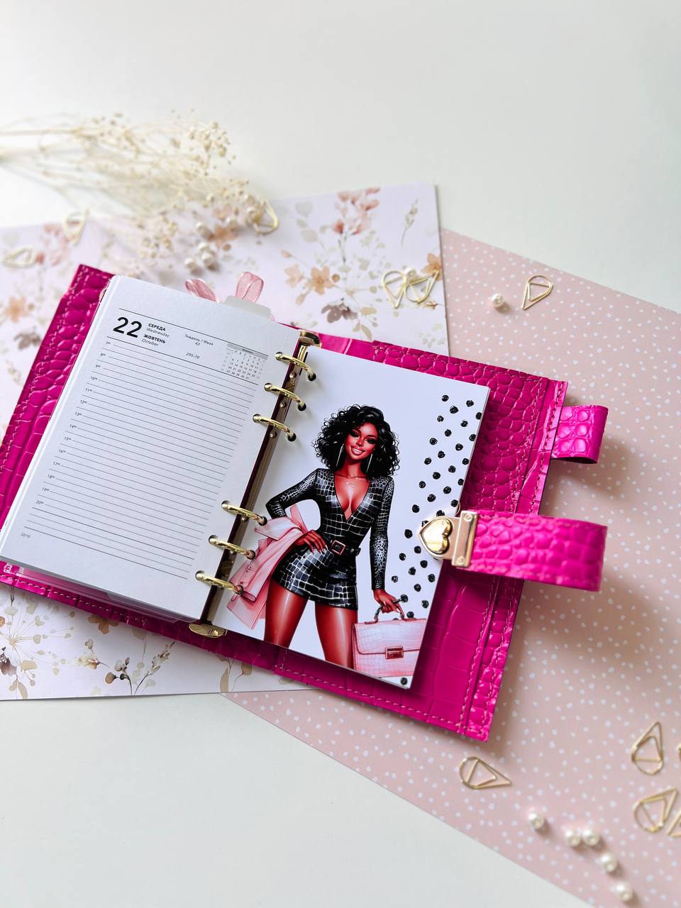 English language A6 NEW SIZE leather hot pink double planner cover binder 6 rings binder, leather planner, gift for her, medium size planner.