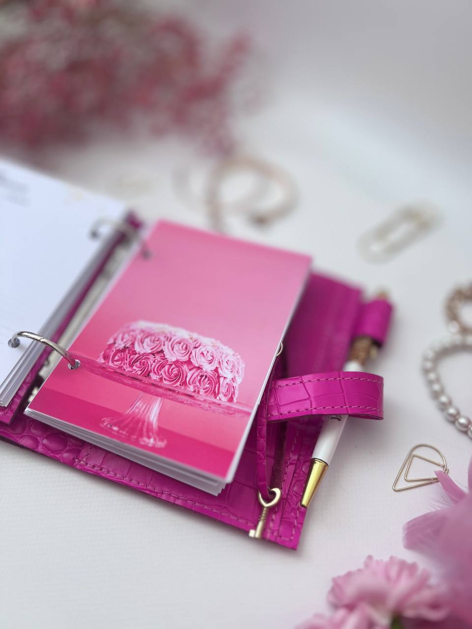 Hot pink leather notebook cover A7 mini wallet planner.