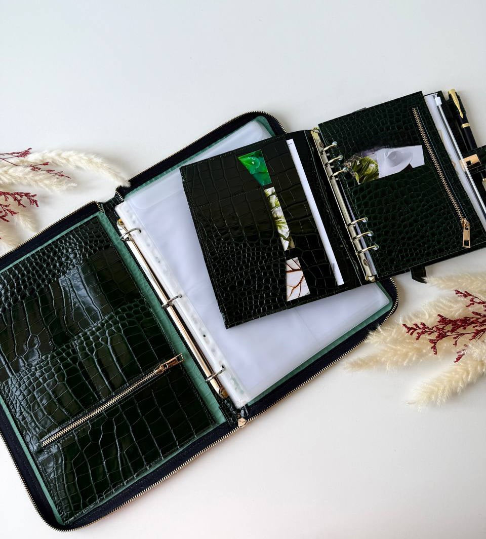 Marble green leather set folder for documents a4 and notebook a5. Together cheaper.