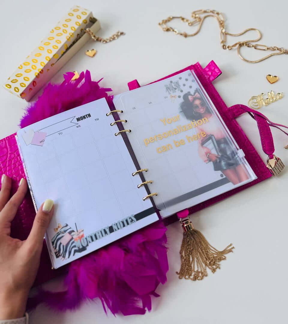 Hot pink leather planner A5 with secret lock in the stones with gifts 🎁