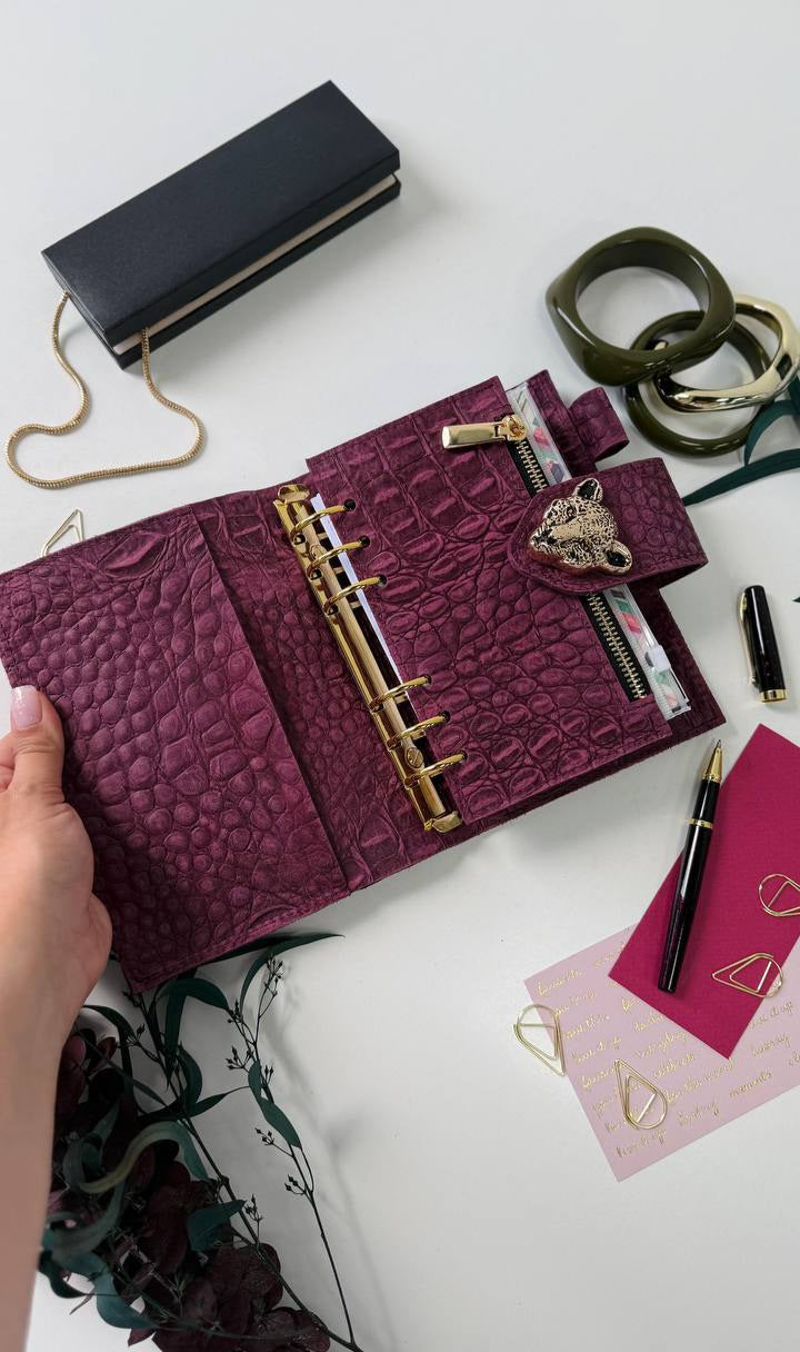 Luxurious A6 Genuine Leather Planner Binder – Crocodile Embossed Burgundy with Gold Leopard Clasp