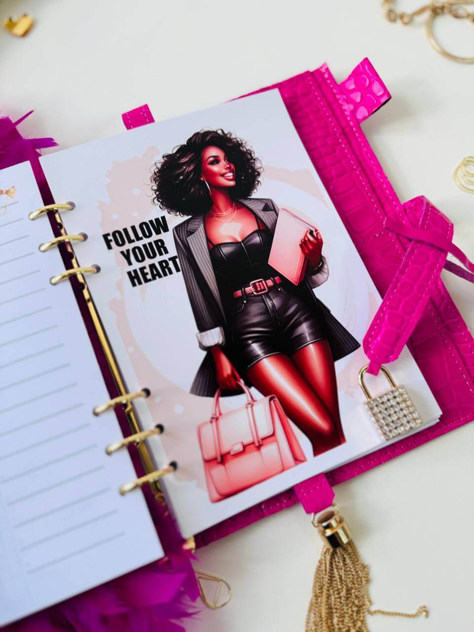 Hot pink leather planner A5 with secret lock in the stones with gifts 🎁