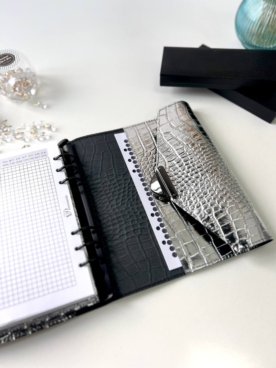 Rare silver leather like a mirror. Perfect leather planner A5.