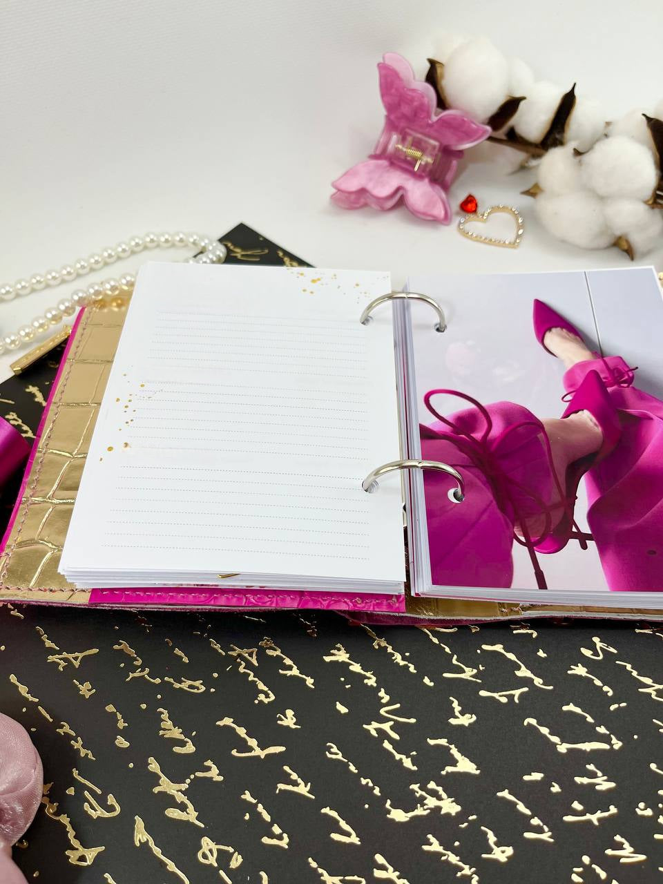 Hot pink with gold leather notebook cover A7 mini wallet organizer.