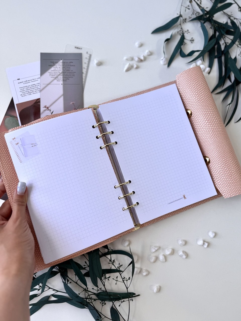 Peach leather notebook cover A5 with big binder.