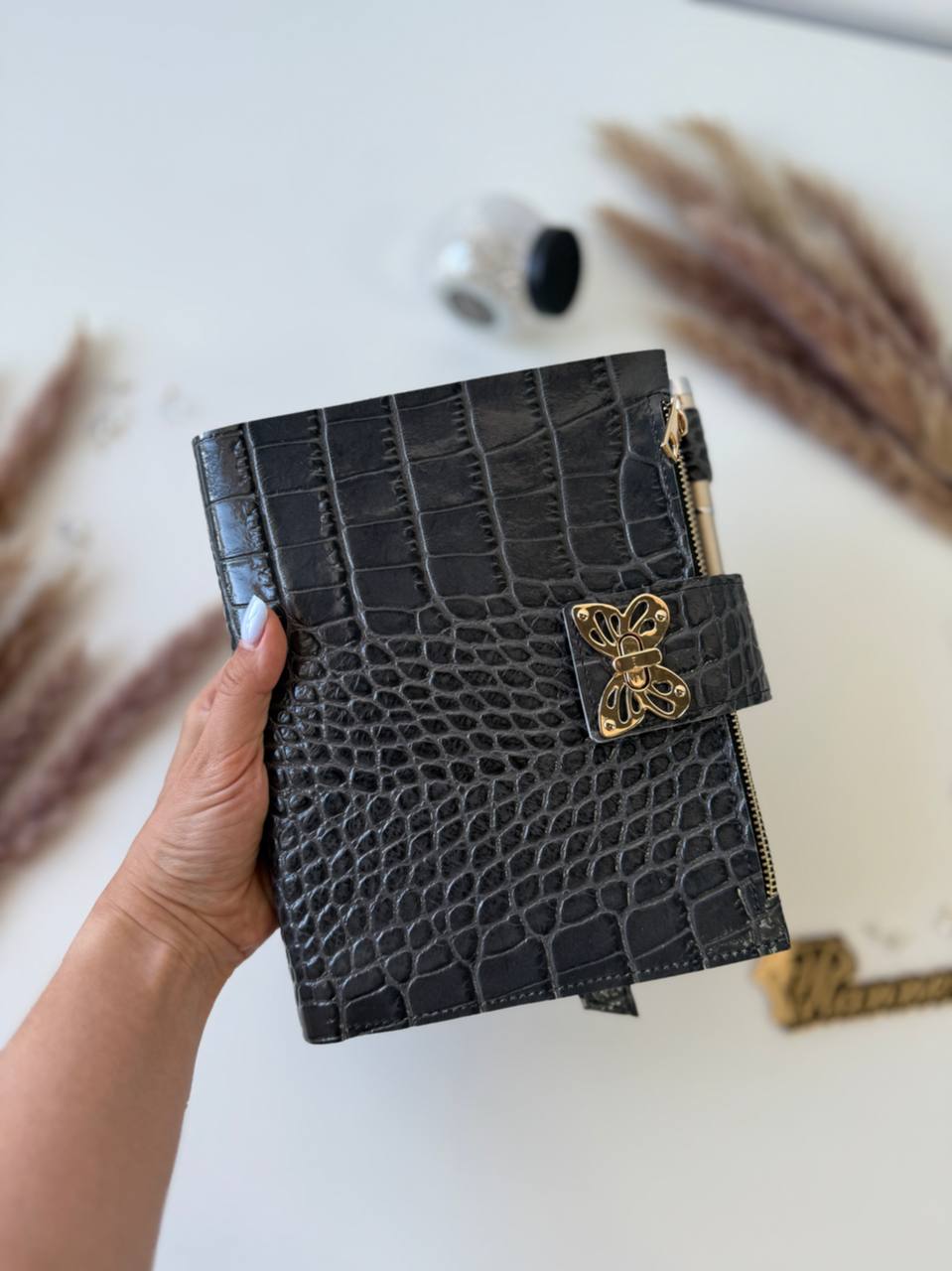 Grey leather notebook cover A5 for documents A4 and A5 format.