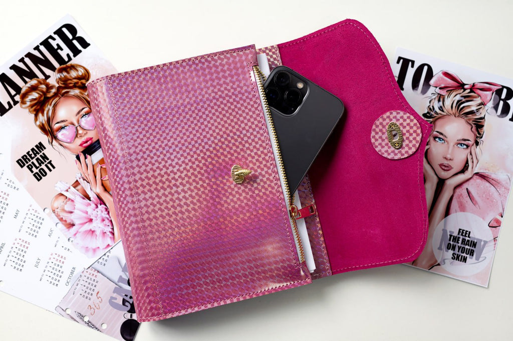 Cyprus, Limassol. RARE holographic pink leather notebook cover A5.