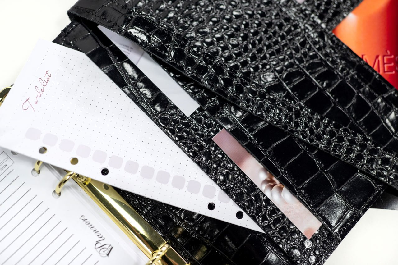 Cyprus, Limassol. Black croco leather notebook cover A5 for documents A4 and A5 format.