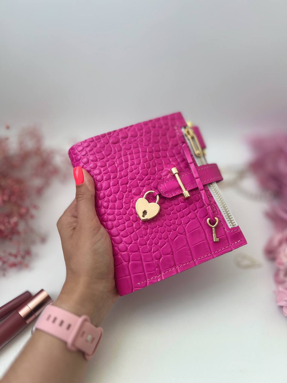 Hot pink leather notebook cover A7 mini wallet planner.