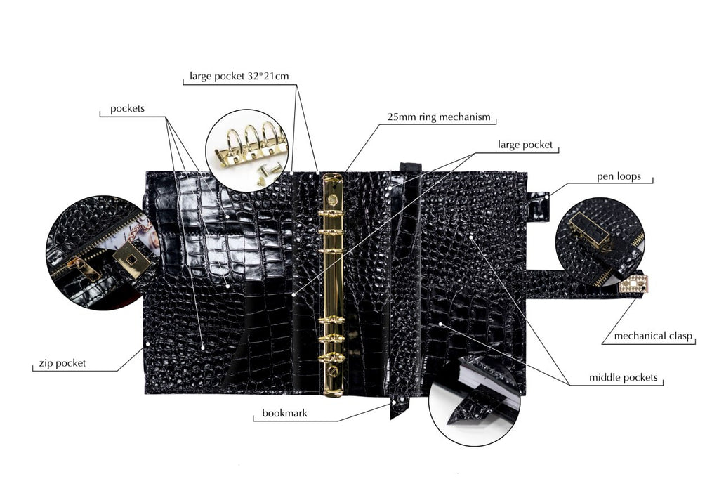 Cyprus, Limassol. Black croco leather notebook cover A5 for documents A4 and A5 format.