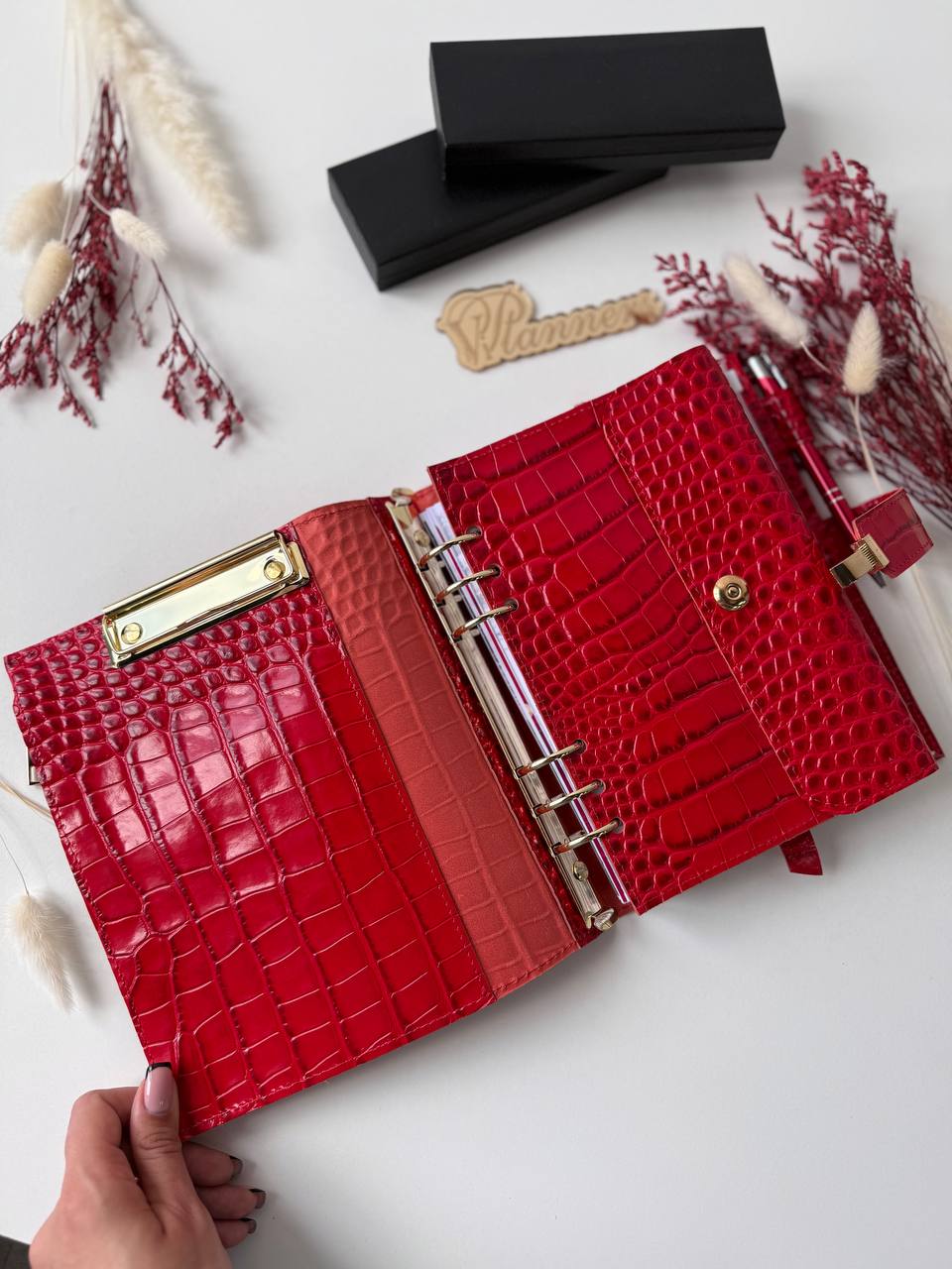 Exclusive red orange color of the Leather Planner A5 big gold binder 6 rings, gift for her, boss gift, office gift, gold planner binder A5