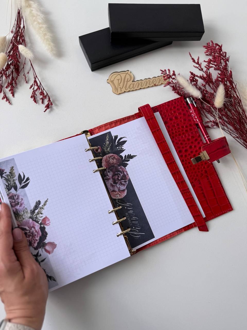 Exclusive red orange color of the Leather Planner A5 big gold binder 6 rings, gift for her, boss gift, office gift, gold planner binder A5