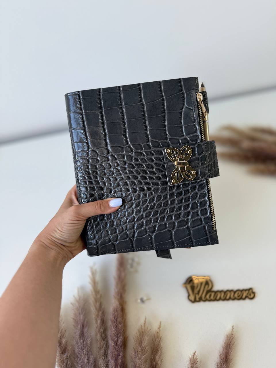 Grey leather notebook cover A5 for documents A4 and A5 format.