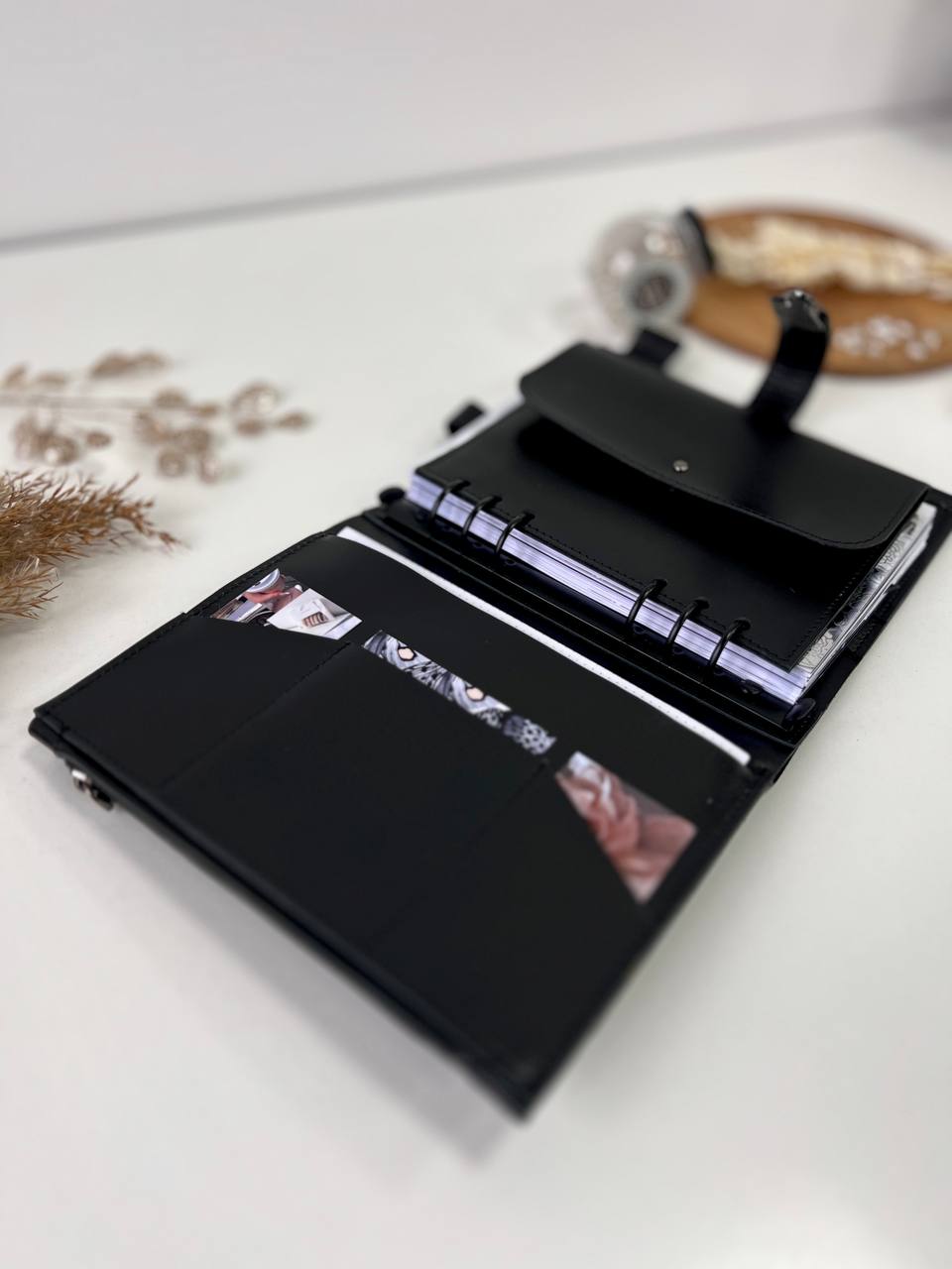 Black Natural Leather Planner A5 binder 6 rings, black classic leather notebook cover with binder 6 rings for documents format A4 and A5.