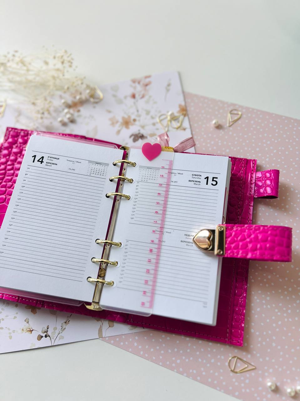 English language A6 NEW SIZE leather hot pink double planner cover binder 6 rings binder, leather planner, gift for her, medium size planner.