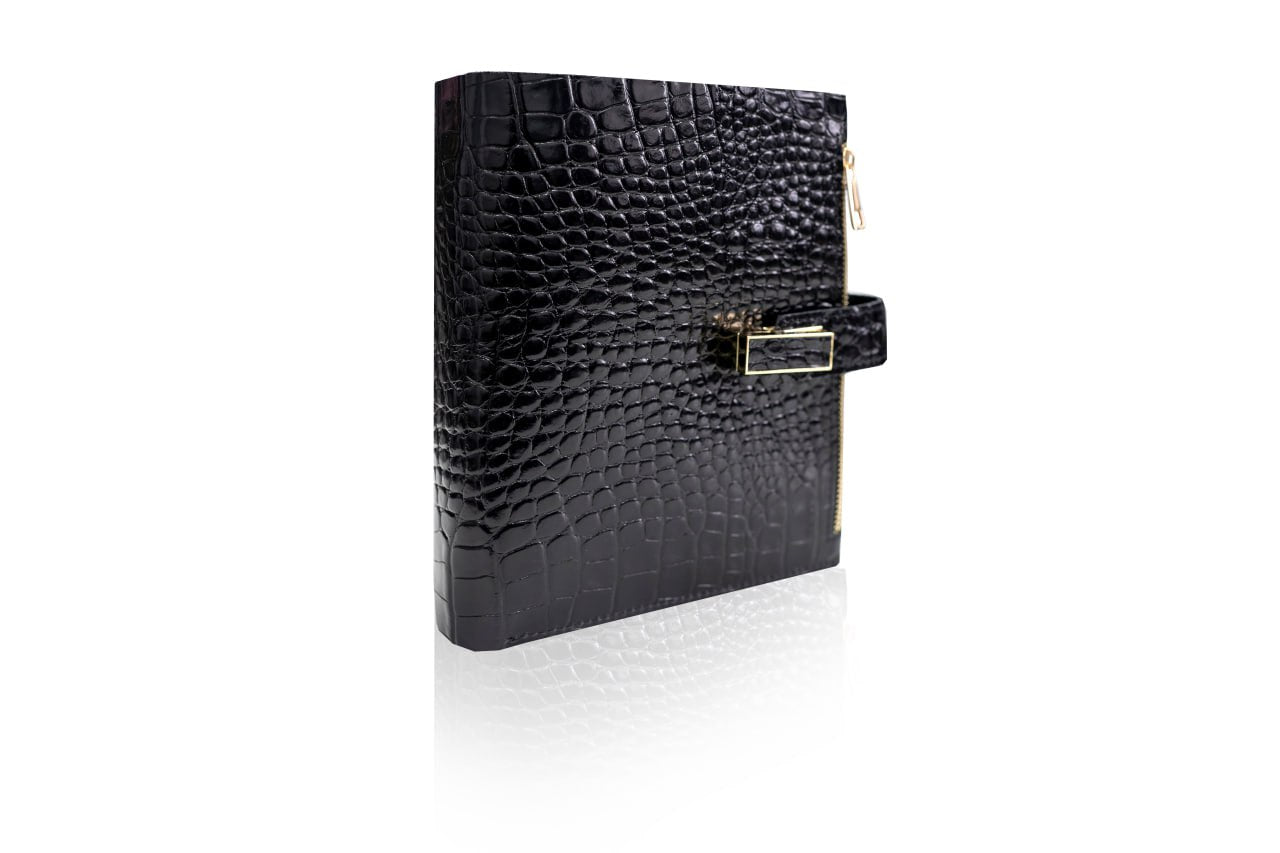Cyprus, Limassol. Black croco leather notebook cover A5 for documents A4 and A5 format.