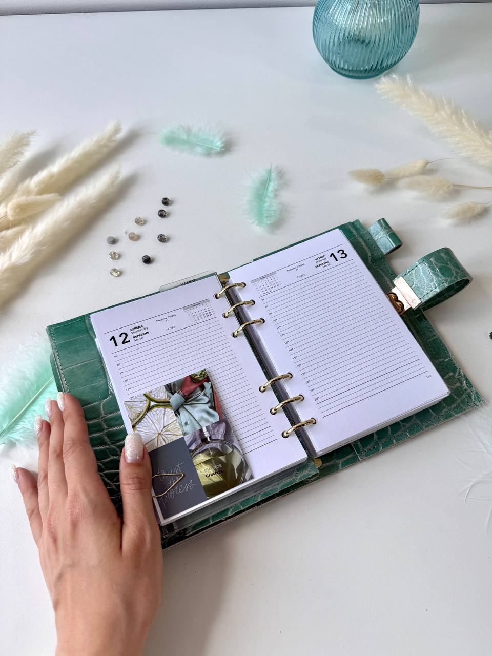 A6 NEW SIZE RARE leather green double planner cover binder 6 rings binder, dated planner, leather planner, gift for her, medium size planner.