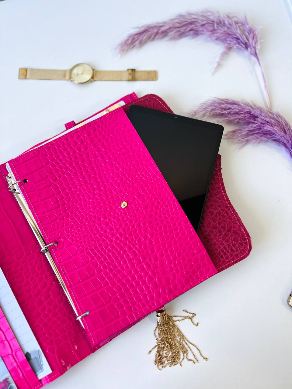 A4 leather notebook cover. Padfolio. Portfolio. A4 size with binder and pages padfolio planner. Leather hot pink.