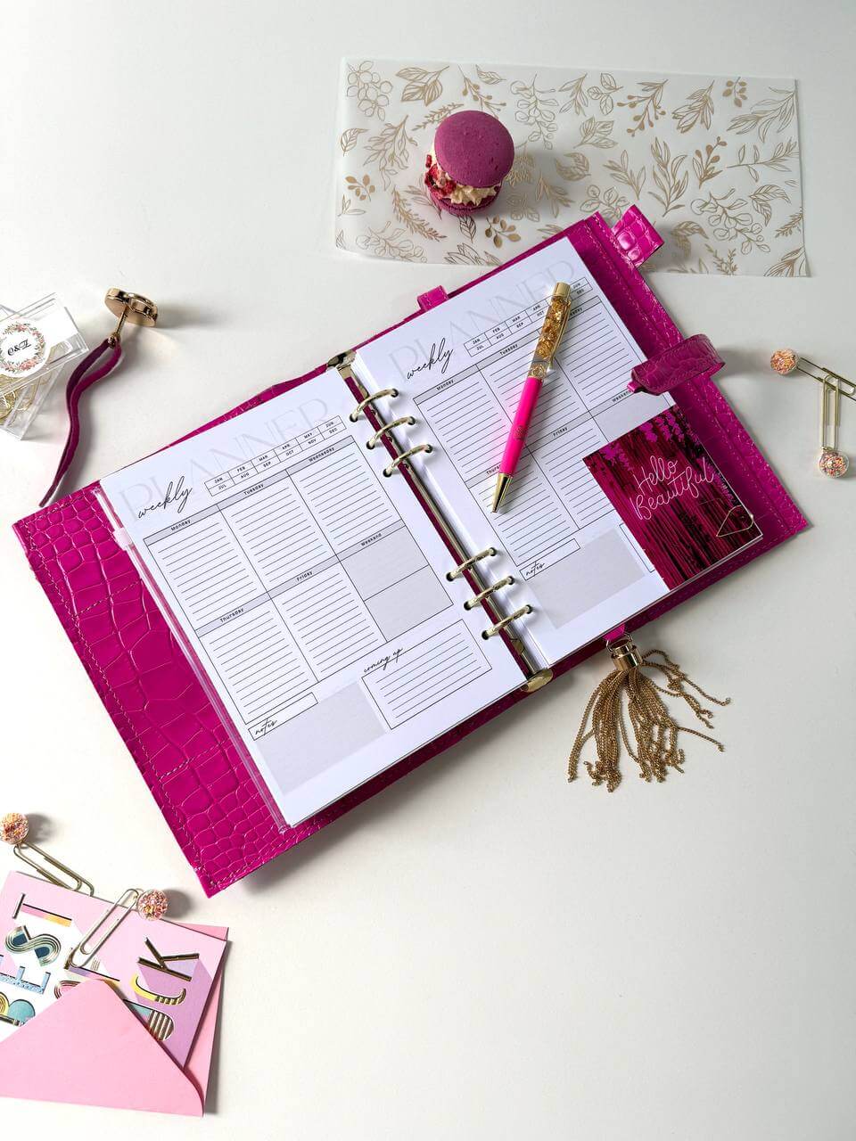 Hot pink leather planner A5 big binder weekly planning.