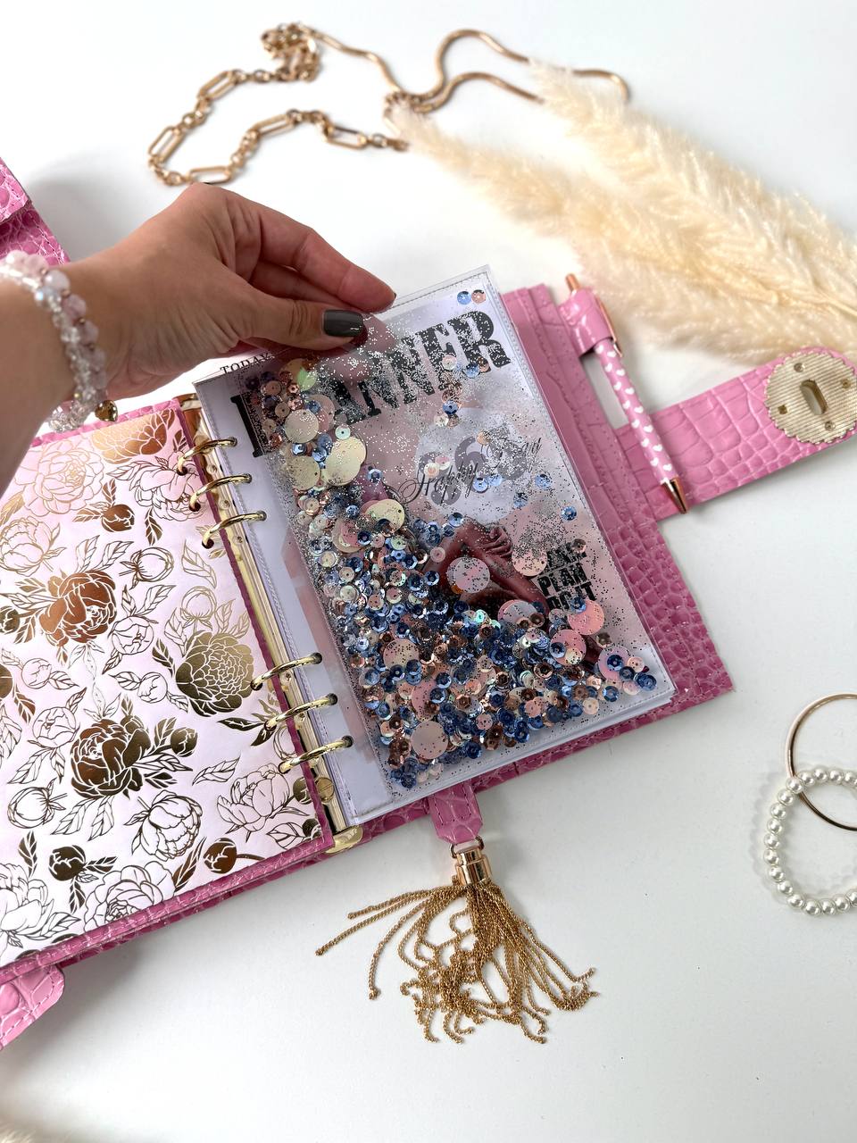 Pink leather gift- planner A5, wallet and pencil case.