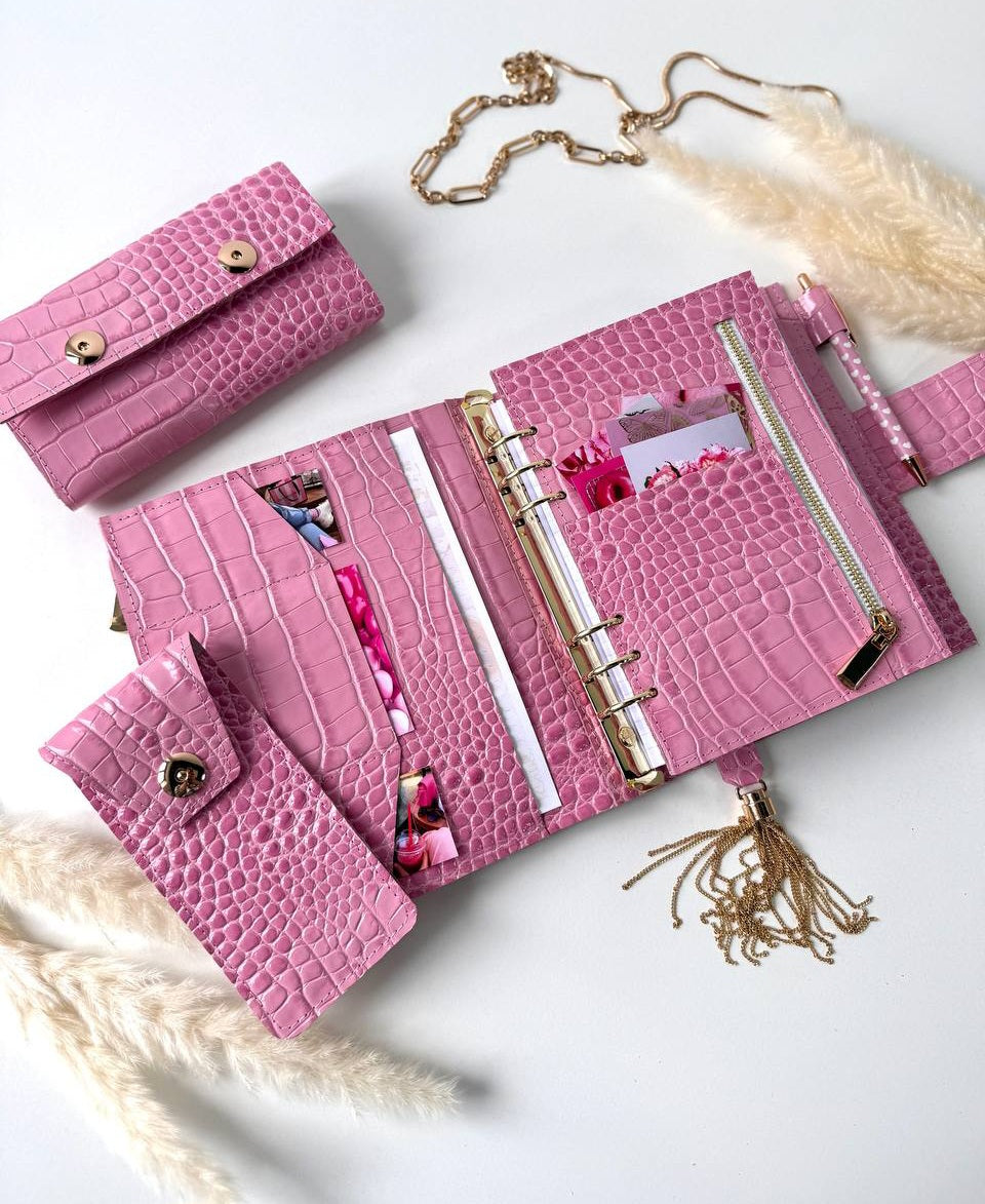 Pink leather gift- planner A5, wallet and pencil case.