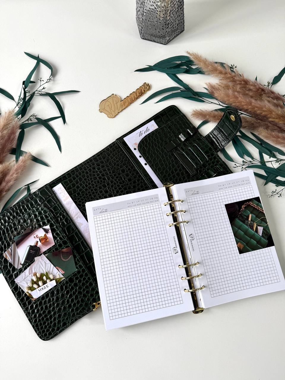 Green Natural Italian Leather Planner A5, gift for her, perfect planner, Ring Planner Agenda A5 Six Ring Planner and Ring Personal Planner.