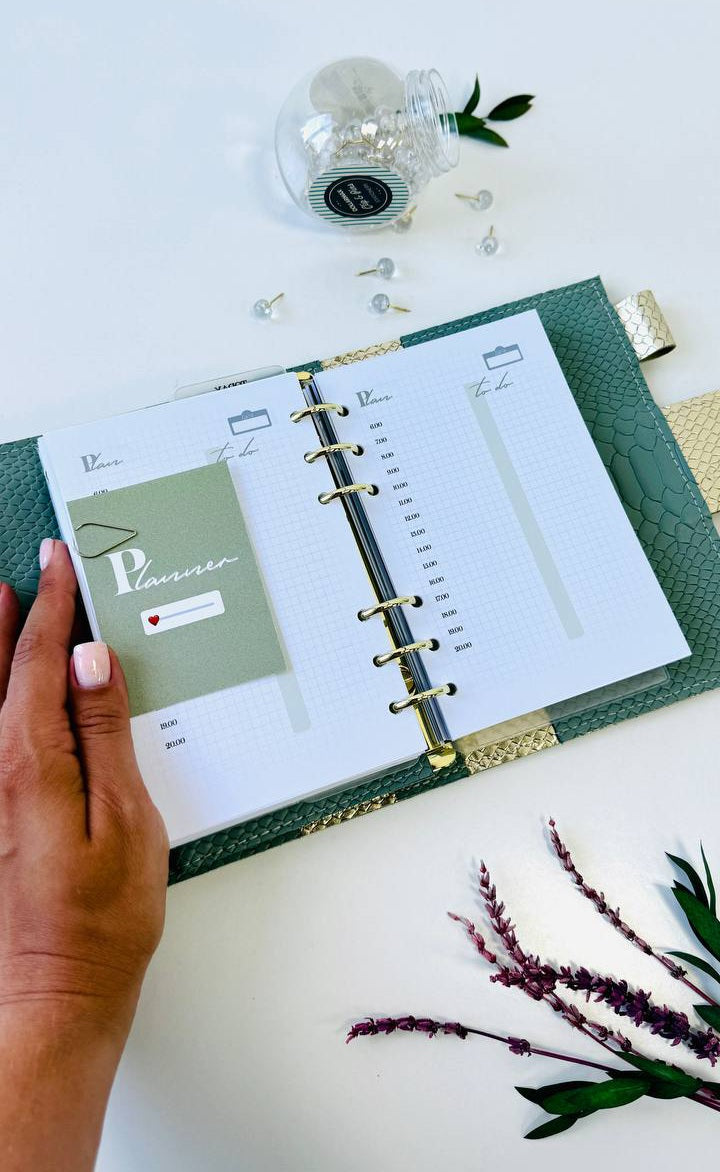 Pistachio Green A6 Genuine Leather Planner Binder – Gold Snake Accent with Panther Clasp