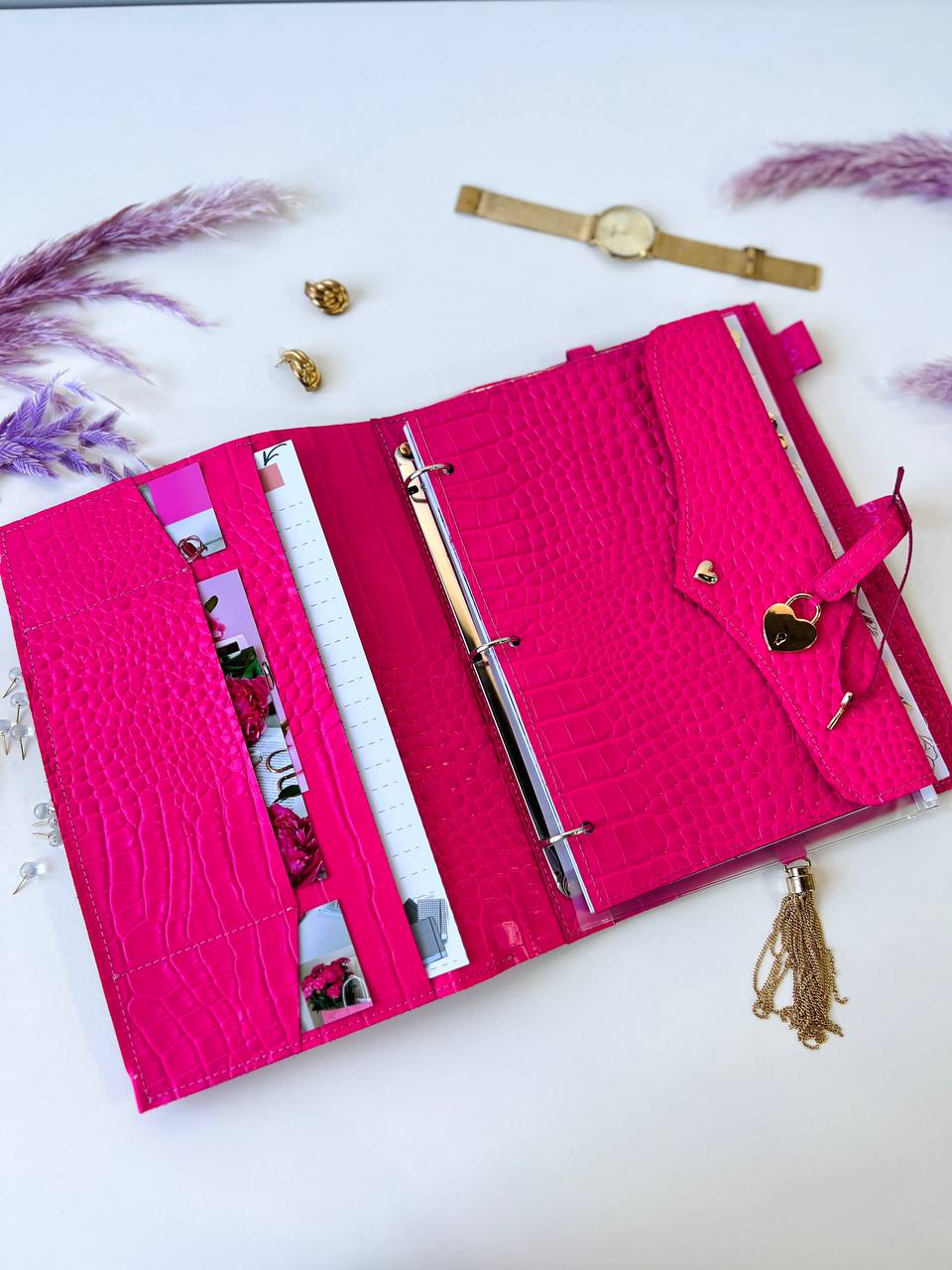 A4 leather notebook cover. Padfolio. Portfolio. A4 size with binder and pages padfolio planner. Leather hot pink.