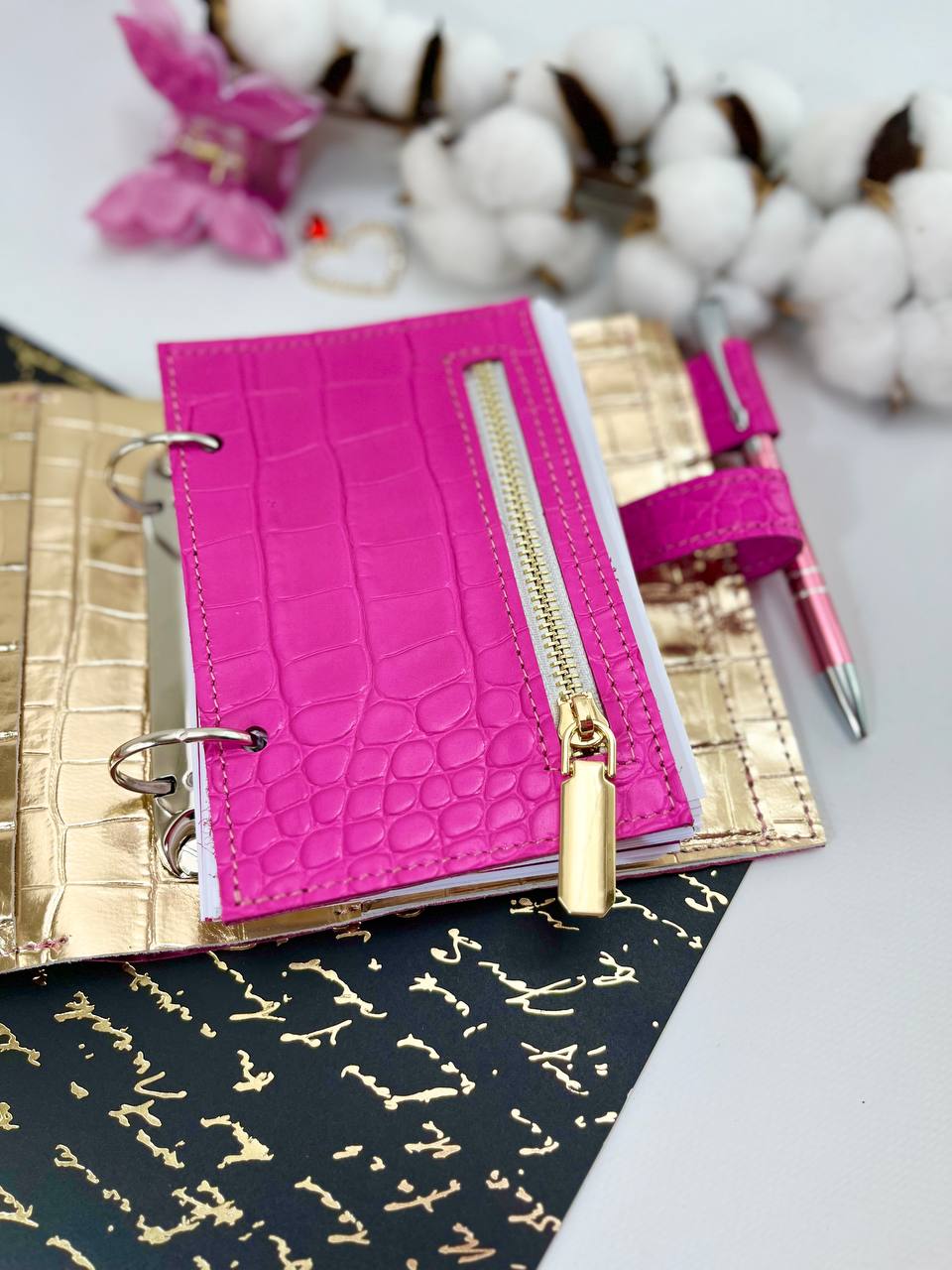 Hot pink with gold leather notebook cover A7 mini wallet organizer.