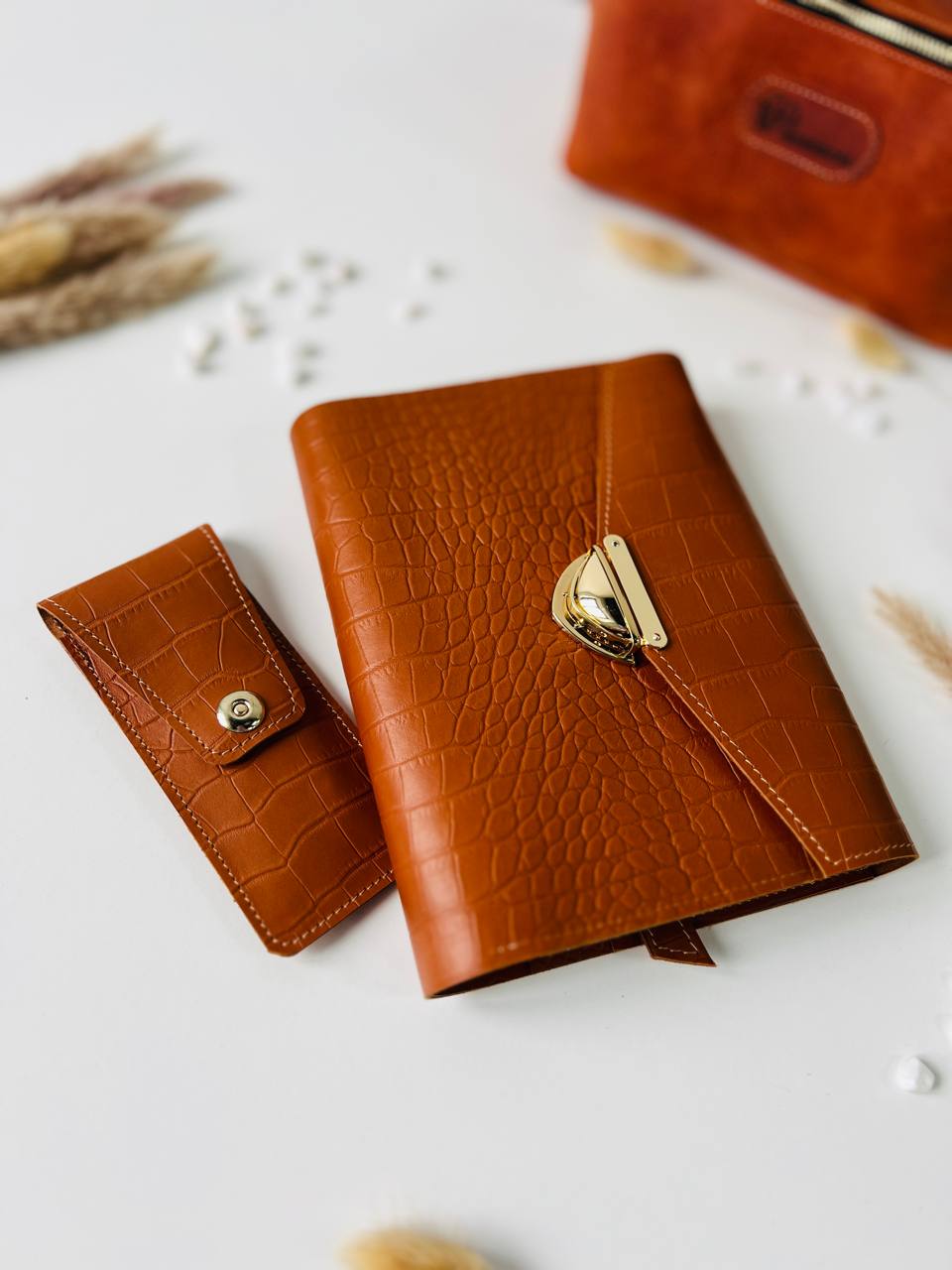 Gift set leather notebook cover A5 with pencil case.