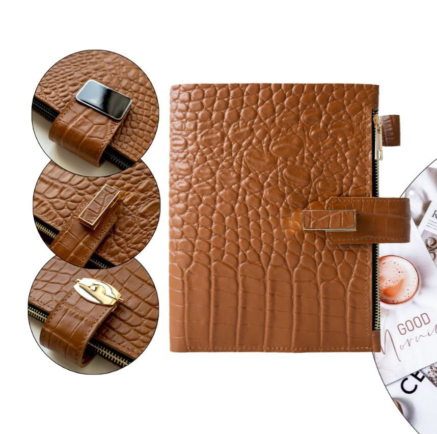 Rare brown leather A5 notebook cover with big binder rings and textured finish, ideal for A4 and A5 documents.