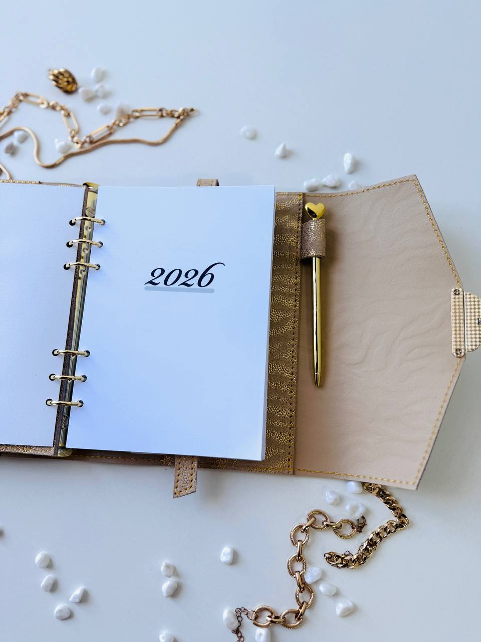 Gold leather binder big 6 rings A5.